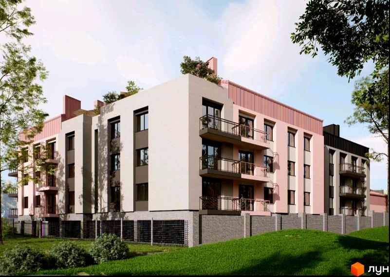 Новобудова ЖК FOREST HILL з балконами та вікнами, оточена зеленню та парканом. Навколо будинку доглянута прибудинкова територія з газоном.