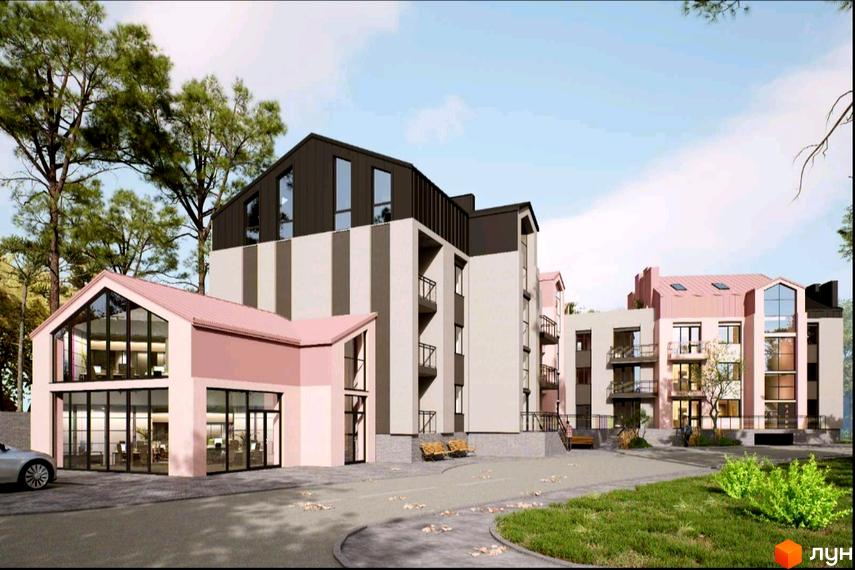 Житловий комплекс FOREST HILL з рожевими та сірими фасадами, великими вікнами та зеленими деревами навколо. Прибудинкова територія з доріжками та лавками.