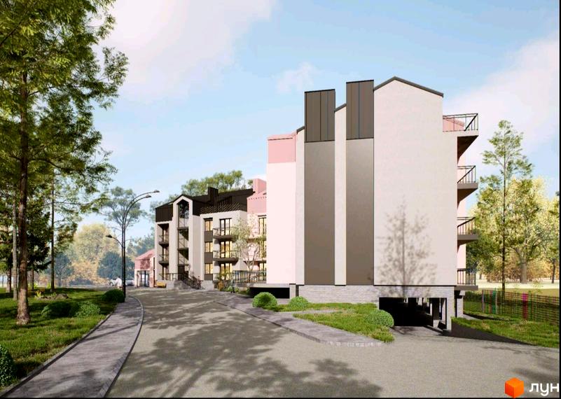 Зовнішній вигляд новобудови ЖК FOREST HILL з елементами фасаду різних кольорів та балконами. Прибудинкова територія з деревами та доріжками.