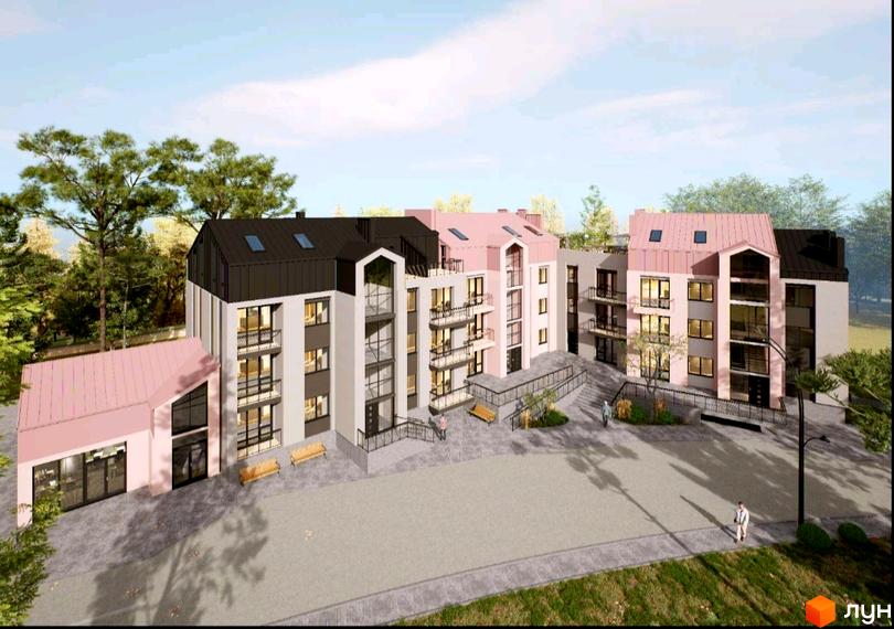 Житловий комплекс FOREST HILL – це сучасна новобудова з рожевими та сірими фасадами, балконами та чорними дахами. На прибудинковій території розташовані дерева та лавки.