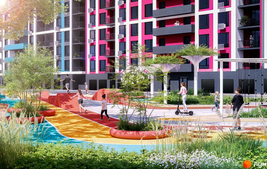 Житловий комплекс SKYGARDEN з яскравим фасадом та облаштованим дитячим майданчиком з різнокольоровим покриттям та зонами для відпочинку.