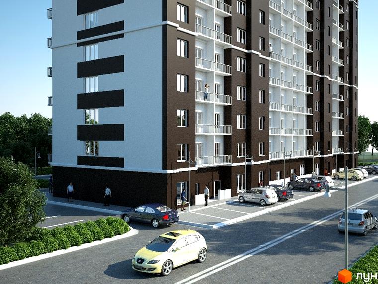 Фасад житлового комплексу Вишнева оселя з балконами та вікнами. Прибудинкова територія з автомобілями та зеленими насадженнями.