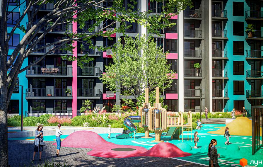 Житловий комплекс SKYGARDEN з яскравими фасадами та дитячим майданчиком з гірками та пісочницею.
