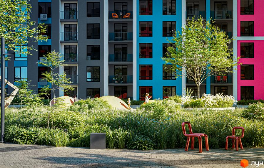 Будинок житлового комплексу SKYGARDEN з яскравими фасадами та зеленою прибудинковою територією з дитячим майданчиком та зонами відпочинку.