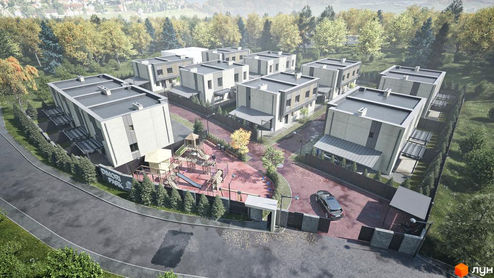 Котеджне містечко Dimori Park з сучасними будинками та дитячим майданчиком. Забудова оточена деревами та має доглянуту прибудинкову територію.