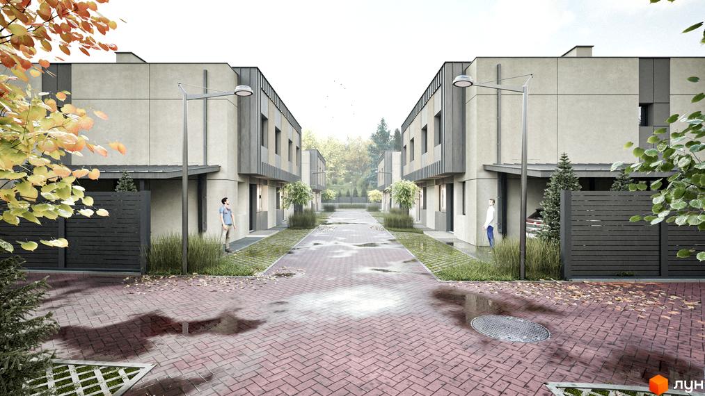 Котеджне містечко Dimori Park: двоповерхові будинки з сірим фасадом та зеленою прибудинковою територією. Асфальтована дорога з калюжами та деревами.