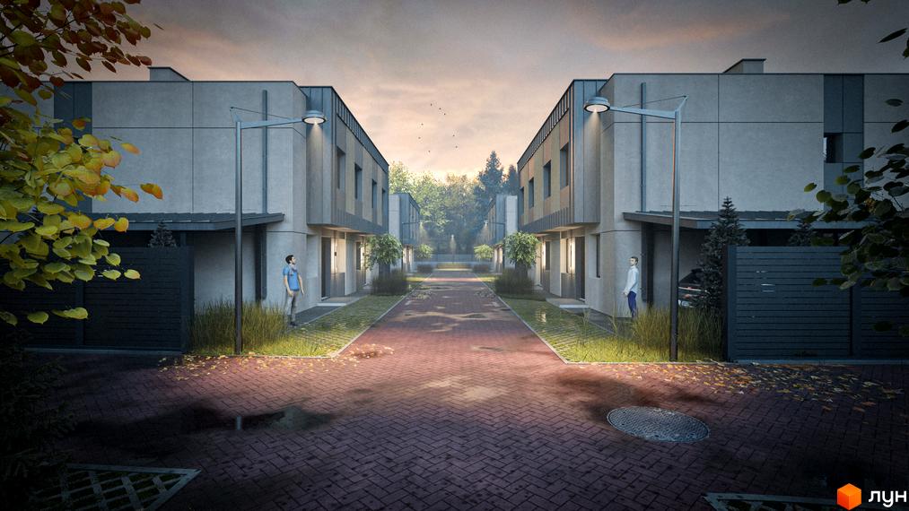 Котеджне містечко Dimori Park. Зовнішній вигляд будинків та доглянута прибудинкова територія з бруківкою та деревами.