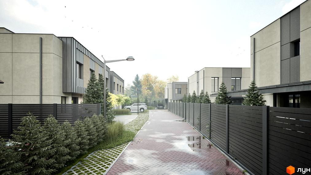 Котеджне містечко Dimori Park: фасади будинків з сірими та бежевими панелями, доріжка з бруківки, зелені ялинки та паркан.