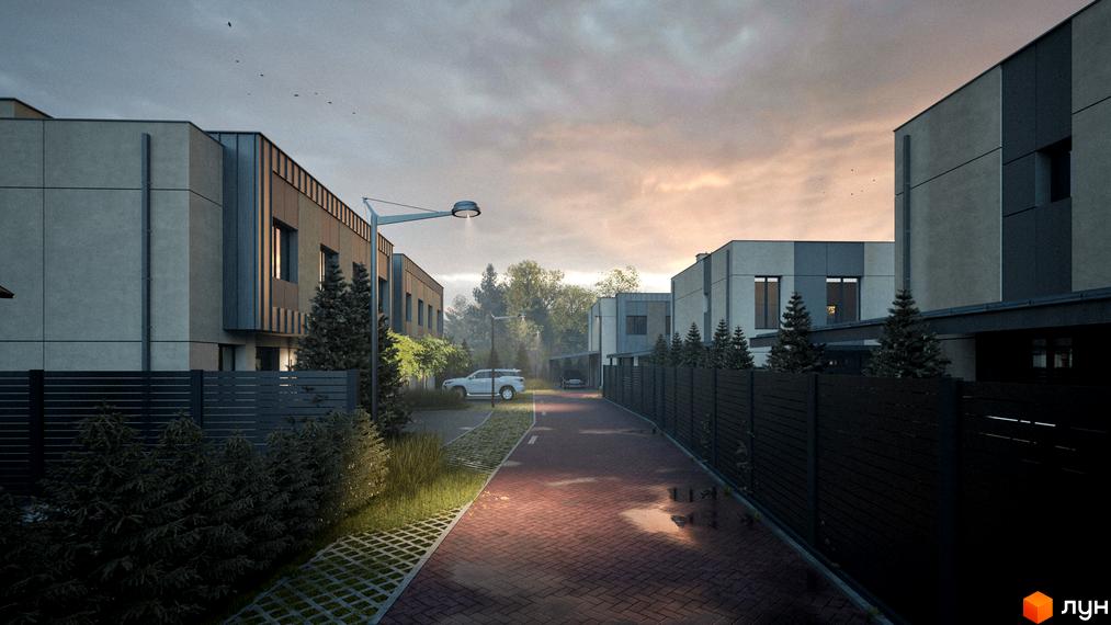 Котеджне містечко Dimori Park: фасади будівель з сірими та коричневими елементами, огороджена територія з парканом, доріжка з бруківки та зелені насадження.