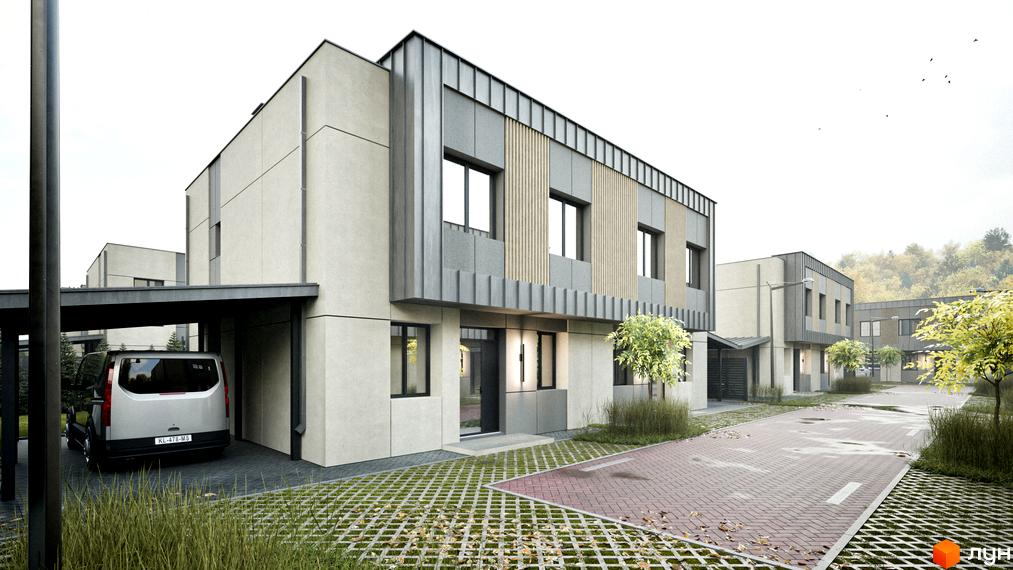 Котеджне містечко Dimori Park: фасади будинків з сірого та бежевого матеріалів, металеві елементи, панорамні вікна. Прибудинкова територія з парковкою, зеленими зонами та деревами.