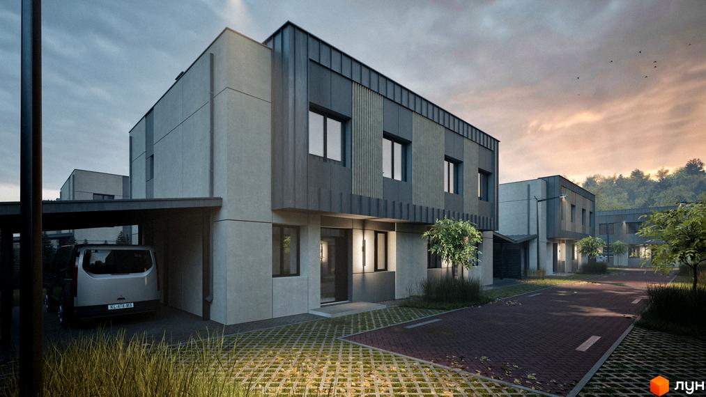 Котеджне містечко Dimori Park. Сучасні будинки з сірим фасадом та великими вікнами, прибудинкова територія з доріжками та газоном.