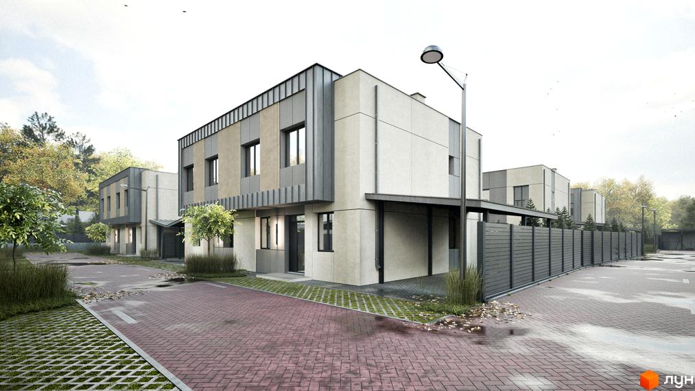 Котеджне містечко Dimori Park. Зовнішній вигляд будинків з сірими та бежевими фасадами, огороджена територія з бруківкою та зеленими зонами.