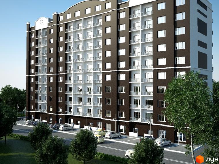 Зовнішній вигляд багатоповерхового будинку ЖК Вишнева оселя з балконами та вікнами. На прибудинковій території розташовані дерева та припарковані автомобілі.