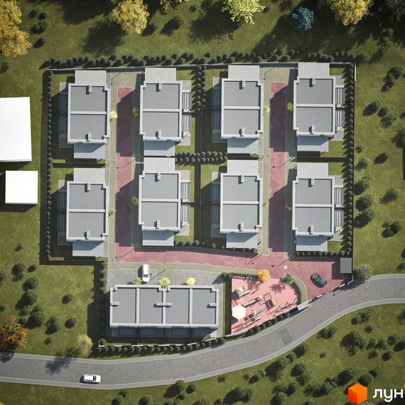 Котеджне містечко Dimori Park: вид зверху на сучасні будинки та зелену прибудинкову територію з дитячим майданчиком.