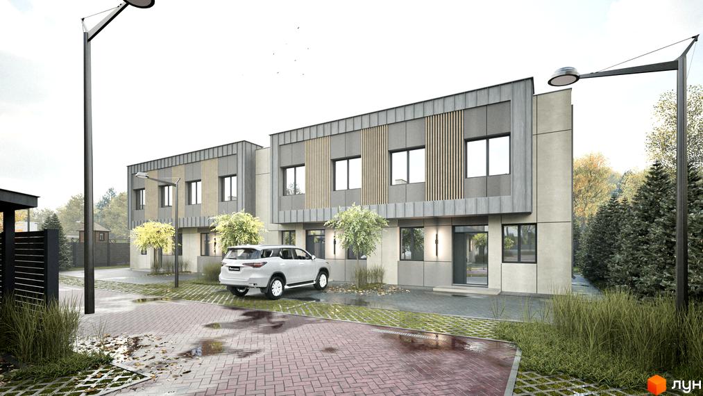 Зовнішній вигляд будинків котеджного містечка Dimori Park з сучасними фасадами та прибудинковою територією з паркомісцями та освітленням.