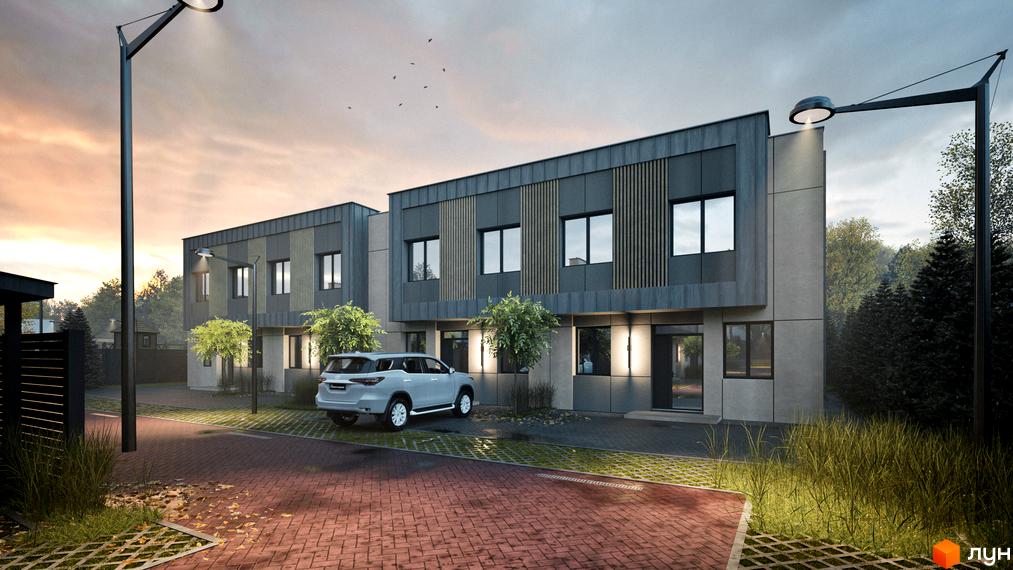 Котеджне містечко Dimori Park: фасади будинків з сірих та бежевих панелей, великі вікна, прибудинкова територія з паркуванням та освітленням.