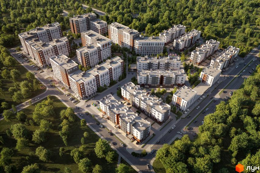 Житловий комплекс Dobre Misto – це сучасна забудова з багатоповерхових будинків з цегляним та сірим фасадом, розташована серед зелених дерев. Територія комплексу має доглянуті газони та дороги з припаркованими автомобілями.