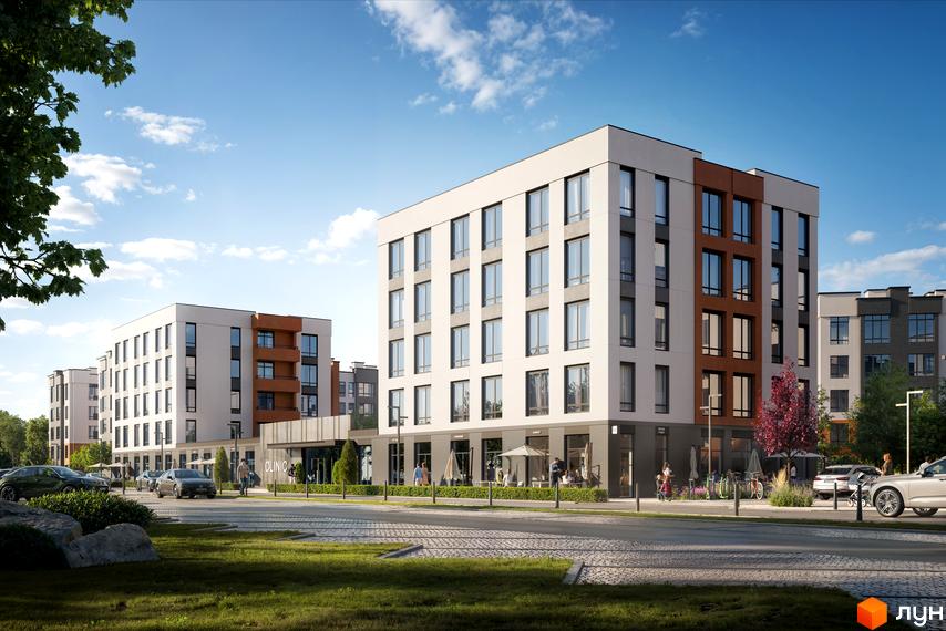 Зовнішній вигляд житлового комплексу Dobre Misto з фасадами біло-сірих та коричневих кольорів. Прибудинкова територія з деревами, газоном та дорогою.