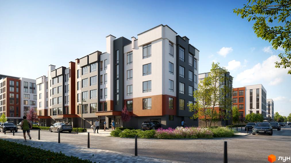 Житловий комплекс Dobre Misto з фасадами білого, сірого та теракотового кольорів, з автомобілями та зеленими насадженнями навколо.