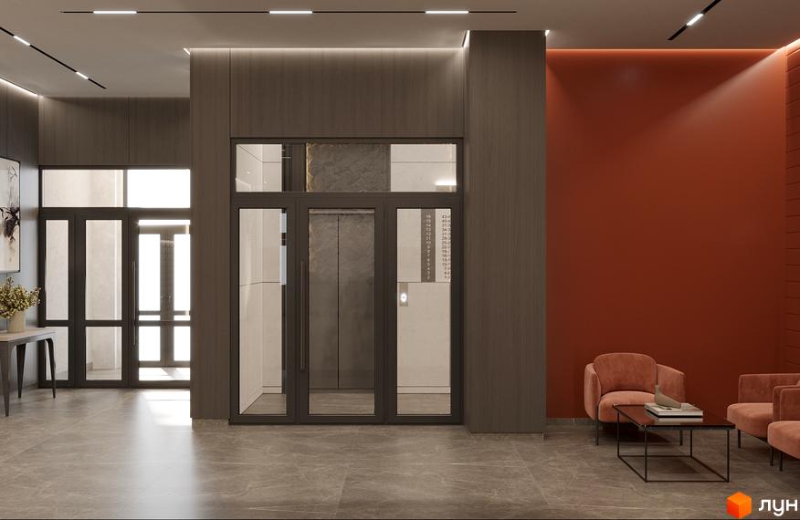 Сучасний хол житлового комплексу Mill Town з ліфтом та дверима. Поруч розташовані зручні крісла та журнальний столик.