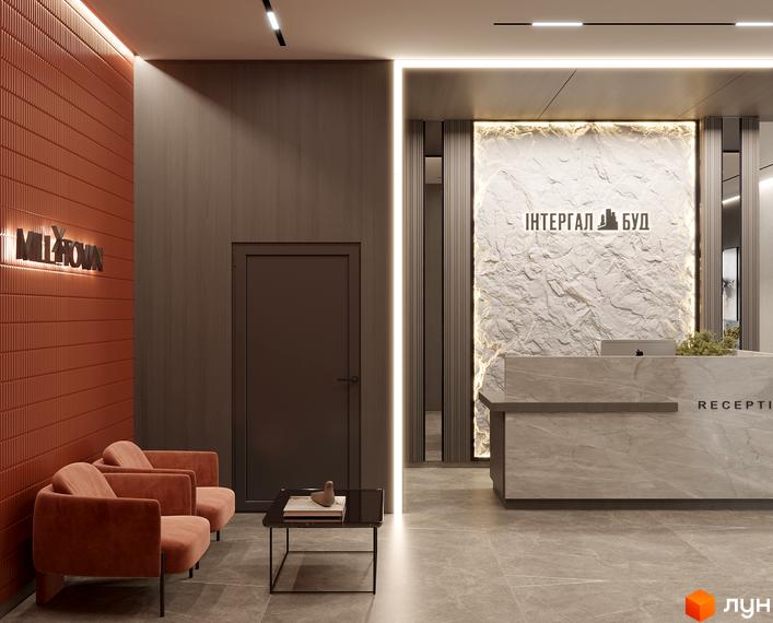 Сучасний інтер'єр лобі житлового комплексу Mill Town з ресепшн та зоною відпочинку. Дизайн новобудови в світлих тонах з акцентами на текстури.