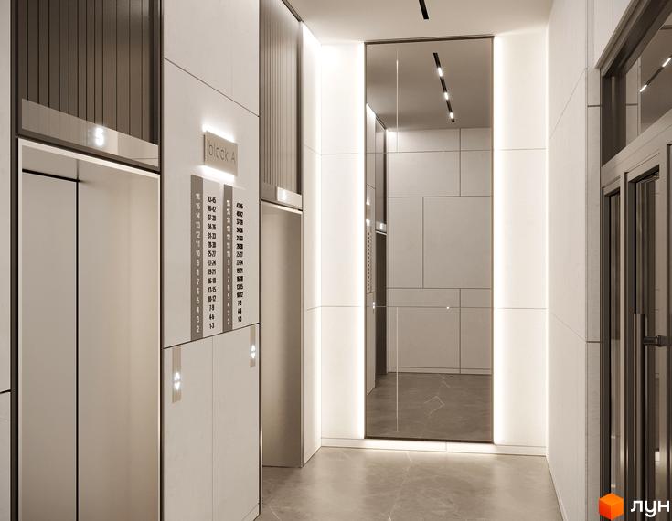 Сучасний дизайн холу житлового комплексу Mill Town з ліфтами та дзеркальними поверхнями. Оздоблення стін та підлоги виконано в нейтральних тонах.