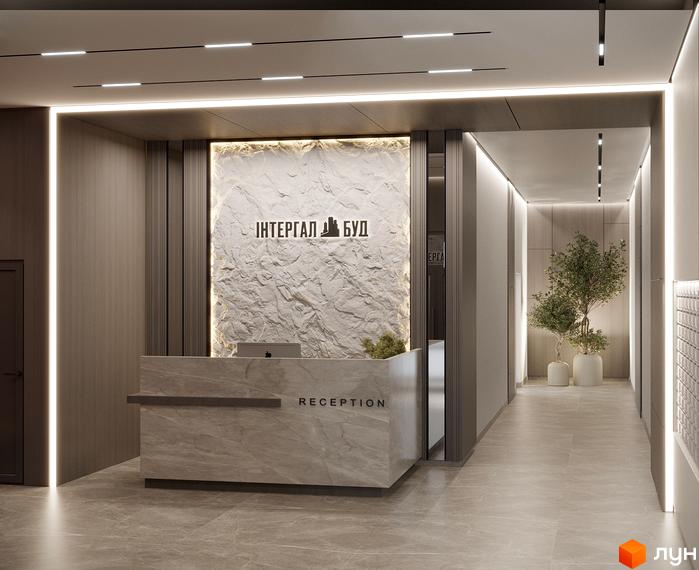 Сучасний інтер'єр рецепції ЖК Mill Town з мармуровою стійкою та логотипом компанії. Просторий хол з рослинами та підсвіткою.