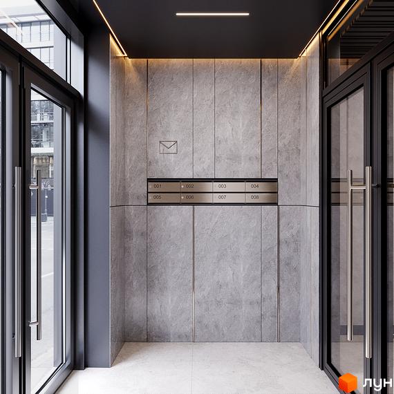 Вхідна група житлового комплексу URBAN Residence з поштовими скриньками та дверима.
