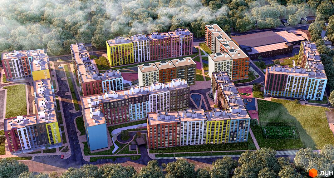 Житловий комплекс Київський - це сучасна новобудова з яскравими фасадами та доглянутою прибудинковою територією, що включає дитячі майданчики та спортивні зони.