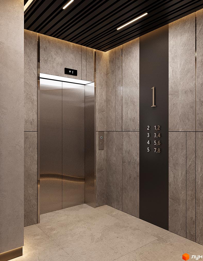 Сучасний ліфт у лобі житлового комплексу URBAN Residence. Оздоблення стін під мармур та підсвітка створюють елегантну атмосферу.