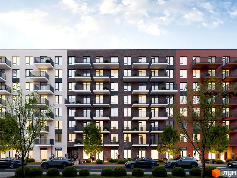 Фасад житлового комплексу Київський з балконами та вікнами, зелена прибудинкова територія з деревами та тротуаром.