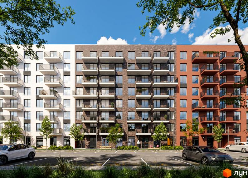 Житловий комплекс Київський: фасади будівель з білою, цегляною та теракотовою обробкою, балконами та парковкою перед будинком.