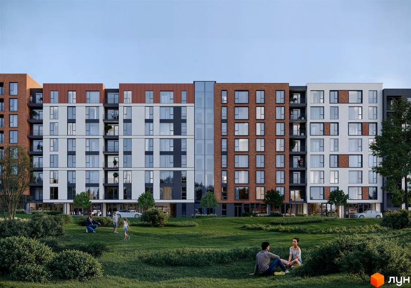 Житловий комплекс SVOÏ CITY з цегляним та білим фасадами, великими вікнами та балконами. Прибудинкова територія з доглянутим газоном та людьми, що відпочивають.
