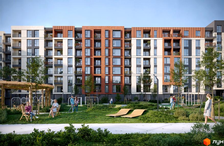 Житловий комплекс SVOÏ CITY з фасадами з білої штукатурки та цегли, з балконами та великими вікнами. Прибудинкова територія з зеленими зонами, лаунж-зоною та дитячим майданчиком.