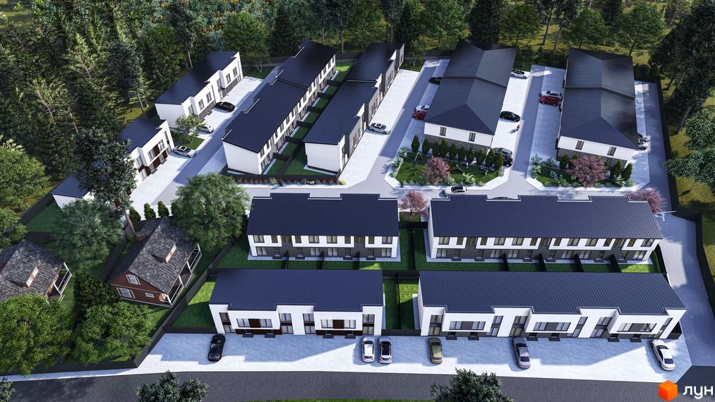 Таунхауси Bihome: зовнішній вигляд білих будинків з темними дахами та прибудинкова територія з деревами та дорогою.