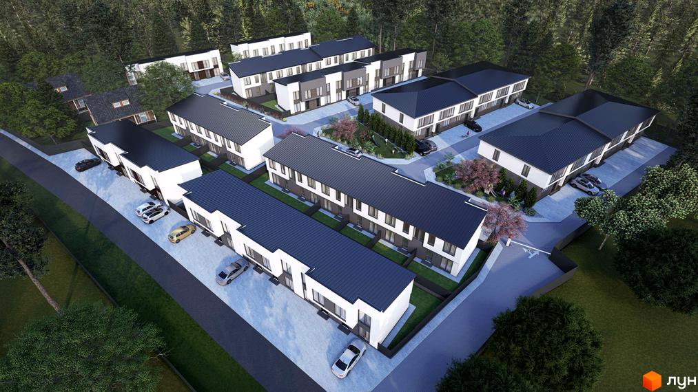 Таунхауси Bihome з темним дахом та білими фасадами, розташовані на доглянутій території з деревами та дитячим майданчиком.