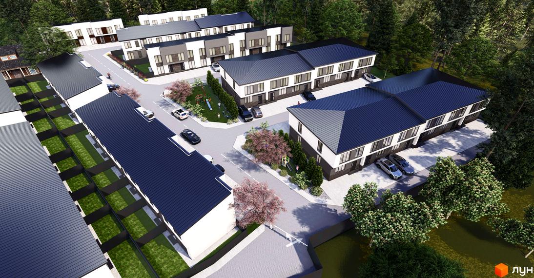 Таунхауси Bihome з темними дахами та білими фасадами, розташовані серед дерев. Прибудинкова територія включає дороги, дитячий майданчик та зелені зони.