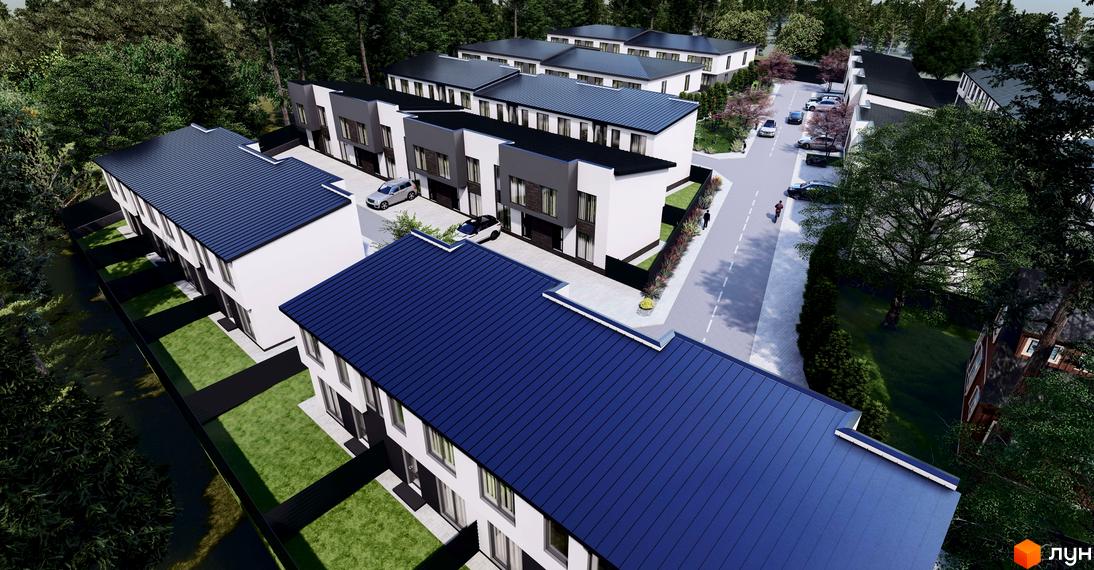 Таунхауси Bihome: триповерхові будинки з темносиніми дахами та білими фасадами, розташовані серед дерев. Прибудинкова територія з доглянутими газонами та паркомісцями.