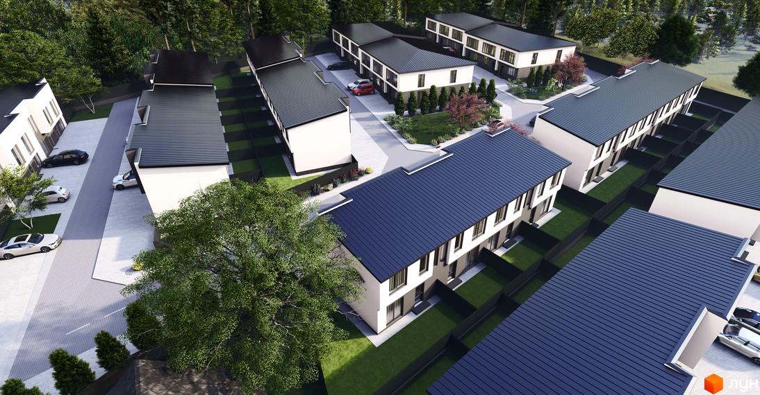 Зовнішній вигляд таунхаусів Bihome з темним дахом та білими фасадами, прибудинкова територія з доглянутим газоном та паркувальними місцями.