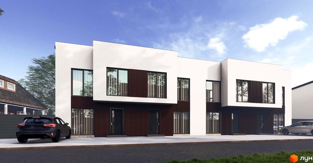 Сучасні таунхауси Bihome з панорамними вікнами та темними фасадами, розташовані біля дороги з припаркованим автомобілем.
