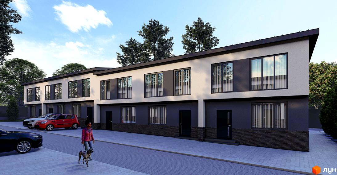 Таунхауси Bihome – це двоповерхові будинки з великими вікнами та темними фасадами, розташовані на вимощеній вулиці з припаркованими автомобілями та пішохідною доріжкою.