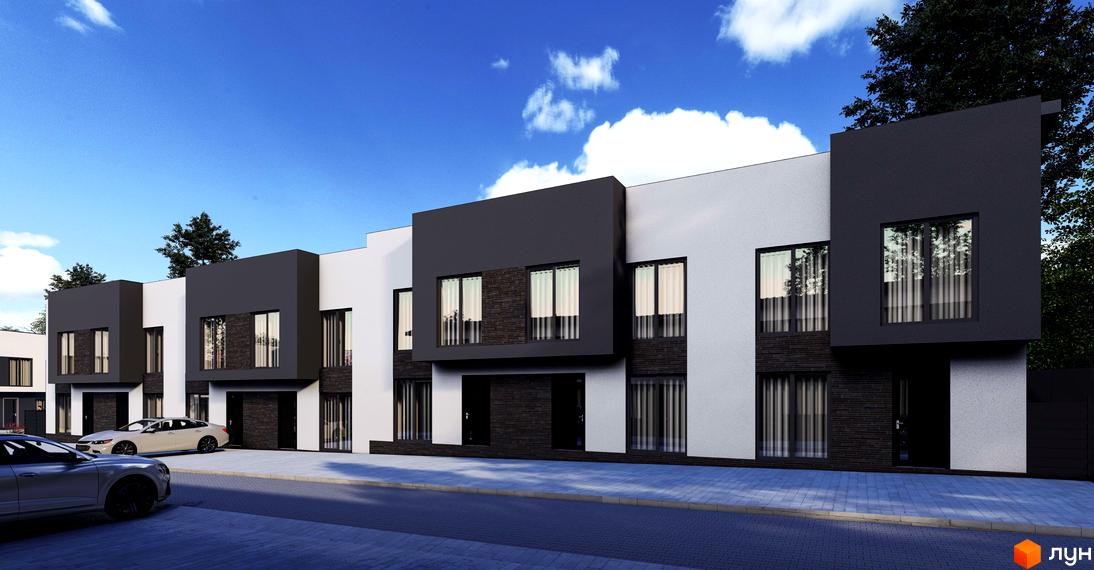 Таунхауси Bihome: двоповерхові будинки з білою та темно-сірою обробкою, великими вікнами та цегляними вставками. Перед будинками розташовані автомобілі та вимощена дорога.