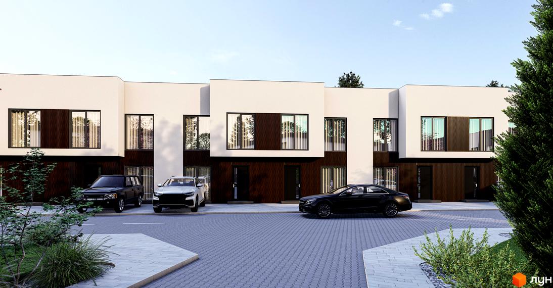 Таунхауси Bihome з білим фасадом та темними дерев'яними вставками, вікнами та дверима. Перед будинками розташована бруківка та зелені насадження, припарковані автомобілі.