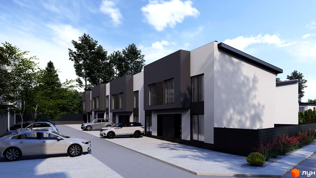 Таунхауси Bihome з білою та темно-сірою обробкою, паркуванням та зеленими деревами. Зовнішній вигляд будівель та прибудинкової території.