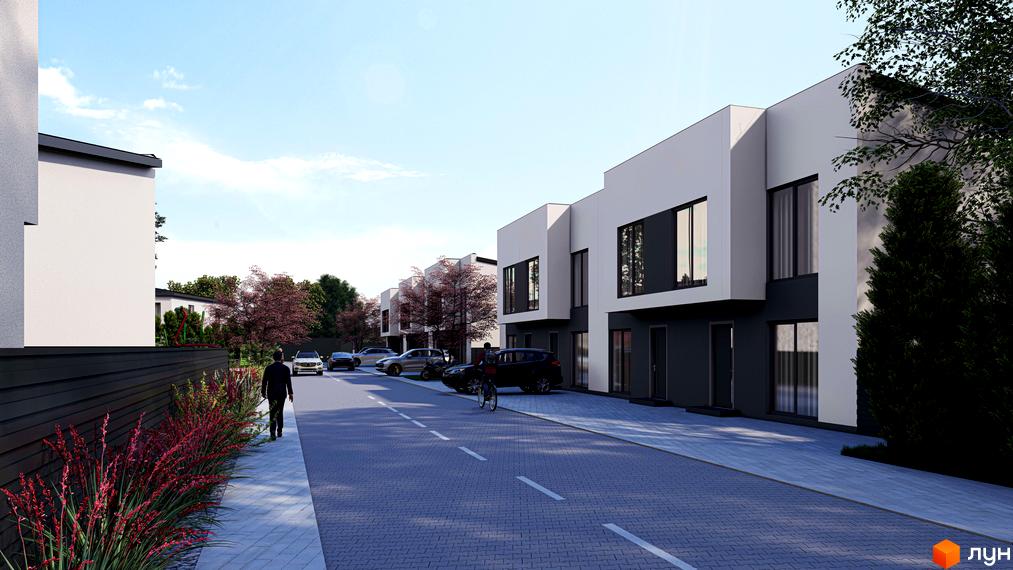 Таунхауси Bihome. Зовнішній вигляд будинків з білою та сірою обробкою, великими вікнами. Прибудинкова територія з дорогою, тротуаром, деревами та квітами.