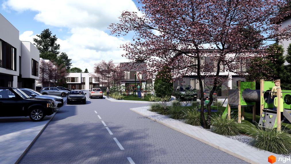 Таунхауси Bihome: сучасні будинки з паркінгом та дитячим майданчиком. Затишна прибудинкова територія з деревами та зеленню.