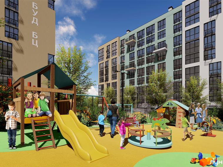 Житловий комплекс TWINS RESIDENCE з дитячим майданчиком та зеленими зонами. Сучасна архітектура будівель та облаштована прибудинкова територія для відпочинку.