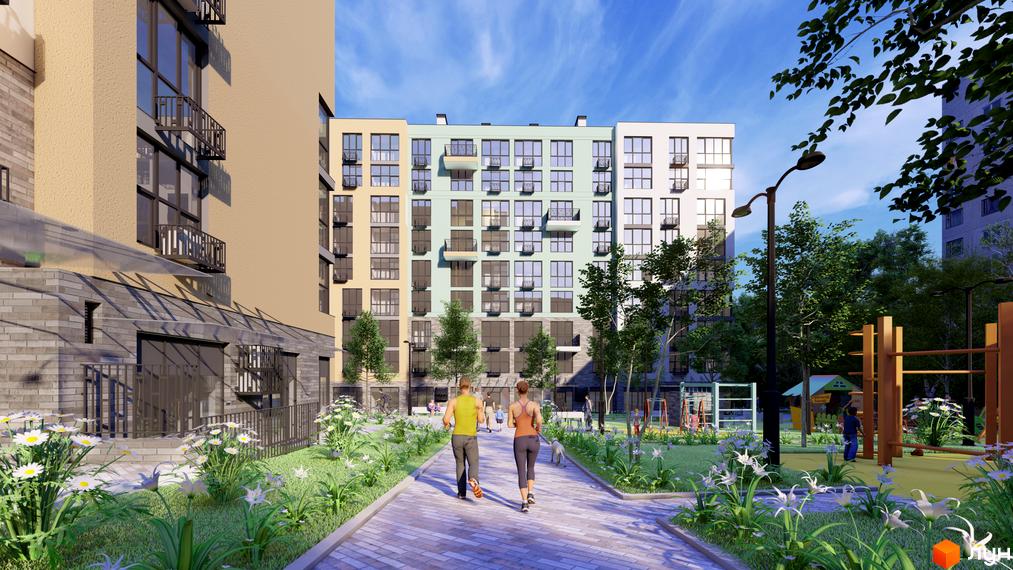 Житловий комплекс TWINS RESIDENCE з різнокольоровими фасадами та балконами, поруч дитячий майданчик та зелена зона з квітами.