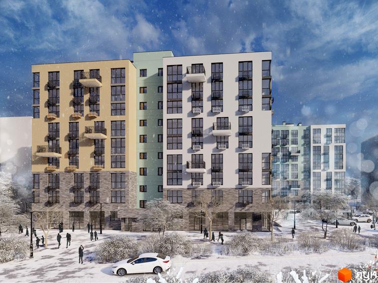 Житловий комплекс TWINS RESIDENCE у Києві. Сучасна архітектура, фасади оздоблені цеглою та штукатуркою, балкони з кованими огорожами. Прибудинкова територія вкрита снігом, з деревами та пішохідними доріжками.