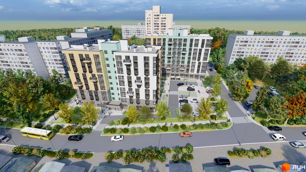 Житловий комплекс TWINS RESIDENCE з різнокольоровими фасадами та балконами, оточений деревами та дорогою з автомобілями.